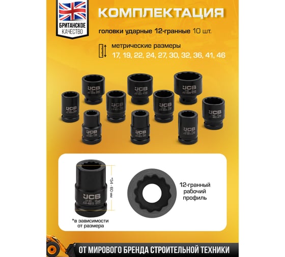 Набор головок ударных JCB 3/4", 10 предметов, 12 граней, 17,19,22,24,27,30,32,36,41,46 мм JCB-6109-9MPB(61733)