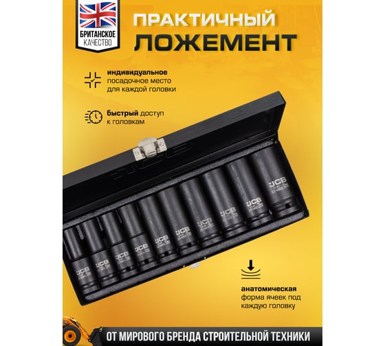 Набор головок ударных глубоких JCB 10 предметов, 1/2", 12 граней, 10,12-15,17,19,21,22,24 мм, в пластиковом кейсе JCB-4107-9MPB(61728)