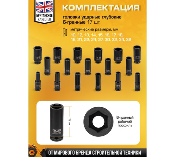 Набор головок ударных JCB 17 предметов 1/2'', 6граней, 10,12-19,21,22,24,27,30,32,34,36 мм, в металлическом кейсе JCB-4172-5MPB(61727)
