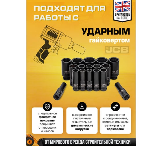Набор головок ударных JCB 17 предметов 1/2'', 6граней, 10,12-19,21,22,24,27,30,32,34,36 мм, в металлическом кейсе JCB-4172-5MPB(61727)