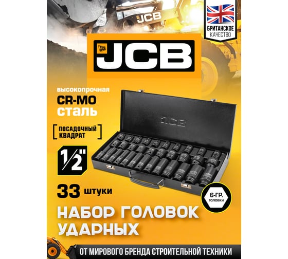 Набор головок ударных JCB 33 предмета, 1/2", 6граней, L-38мм:8-24,27,30,32мм,L-78мм:10,12-15,17,19,21,22,24,27,30,32 мм, в металлическом кейсе JCB-4333-5MPB(61729)