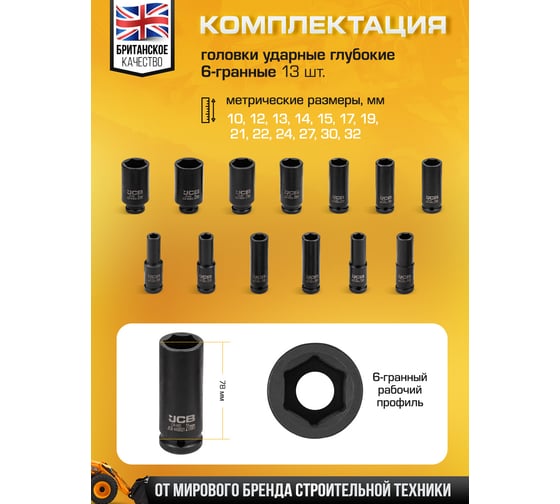 Набор головок ударных JCB 33 предмета, 1/2", 6граней, L-38мм:8-24,27,30,32мм,L-78мм:10,12-15,17,19,21,22,24,27,30,32 мм, в металлическом кейсе JCB-4333-5MPB(61729)