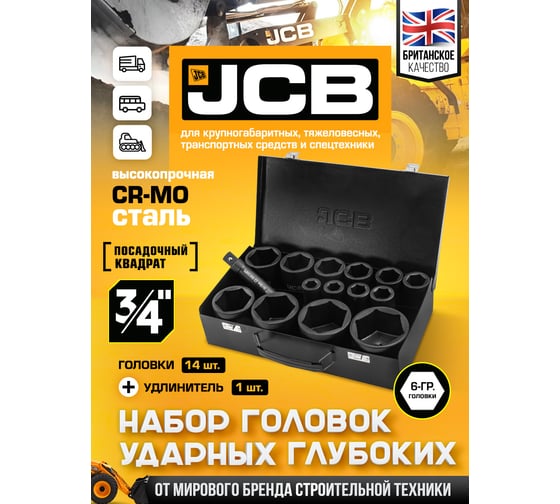 Набор головок ударных глубоких JCB 3/4", 14 предметов, 6 граней, 17,19,22,24,27,30,32,36,41,46,50,55,60,65 мм, в метал.кейсе JCB-6142-5MPB(61735)