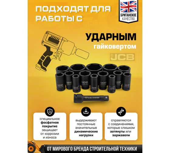 Набор головок ударных глубоких JCB 3/4", 14 предметов, 6 граней, 17,19,22,24,27,30,32,36,41,46,50,55,60,65 мм, в метал.кейсе JCB-6142-5MPB(61735)