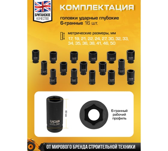 Набор головок ударных глубоких JCB 3/4", 16 предметов, 17,19,21,22,24,27,30,32-36,38,41,46,50 мм, в кейсе JCB-6162-5MPB(61737)