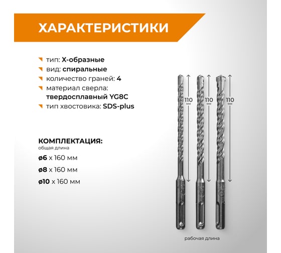 Набор буров по бетону RAGE 6,8,10x160 SDS-plus Quadro-X 564543