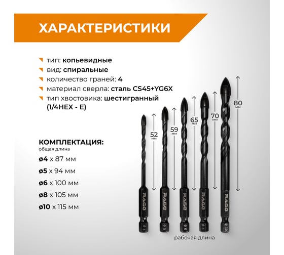 Набор сверл по стеклу и керамике RAGE Quadro-X HEX 5 шт. 550125