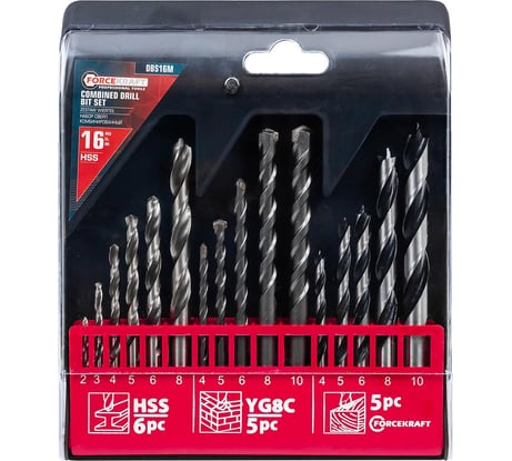 Сверла, набор комбинированный Forcekraft 16 предметов (по металлу: 2-6, 8мм; по бетону: 4-6, 8, 10мм; по дереву: 4-6, 8, 10мм) FK-DBS16M(61592)