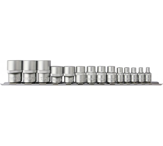 Набор головок торцевых Thorvik S1S1314SM 1/4, 3/8, 1/2DR на держателе, внешний TORX, E4-E24, 14 предметов 054368 1