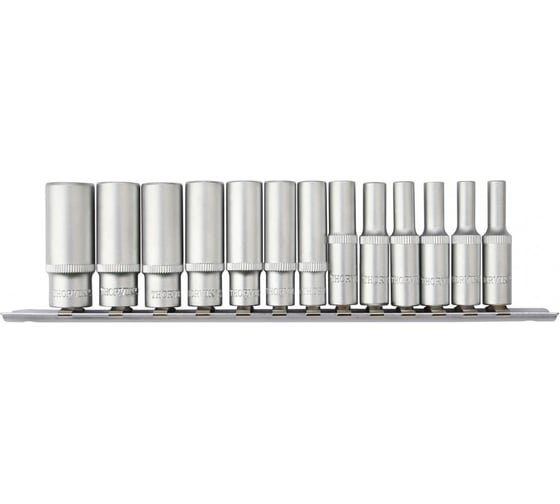 Набор головок торцевых Thorvik S11S2213SM глубоких 12-гранных 1/4DR на держателе, 4-14 мм, 13 предметов 054358