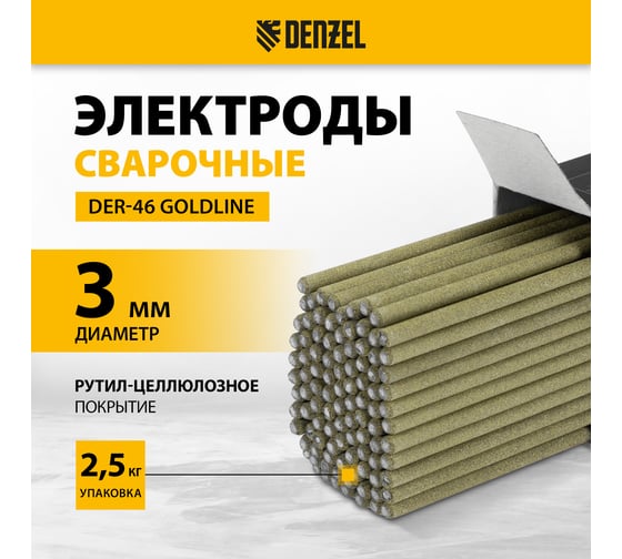 Электроды Denzel DER-46 GoldLine, диам. 3 мм, 2,5 кг., рутил-целлюлозное покрытие 97506