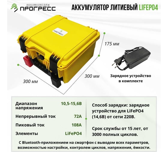Аккумуляторная батарея Прогресс LFP1272 12В 72Ач + ЗУ LFP1272 Z
