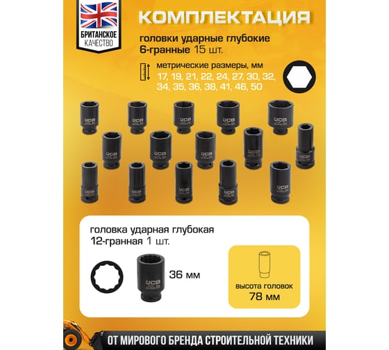 Набор головок ударных глубоких JCB 3/4 16 предметов (6гр.) JCB-6163-5MPB(61738)