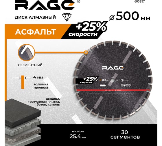 Диск алмазный для резки асфальта RAGE 500 мм 600357
