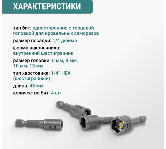 Набор бит для кровельных саморезов VIRA 4 шт 554400