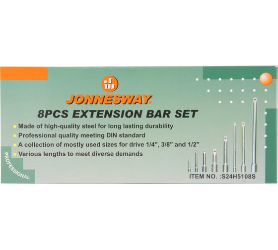 Набор удлинителей Jonnesway S24H5108S 1/4, 3/8, 1/2DR, 50-250 мм, 8 предметов 046783