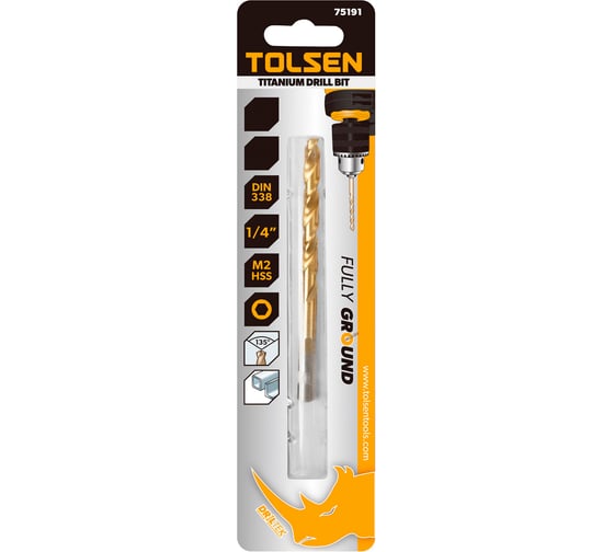 Сверло по металлу TOLSEN HSS/M2 TiN DIN 338, 3.0x81 мм, 135, хвостовик HEX 1/4 75180