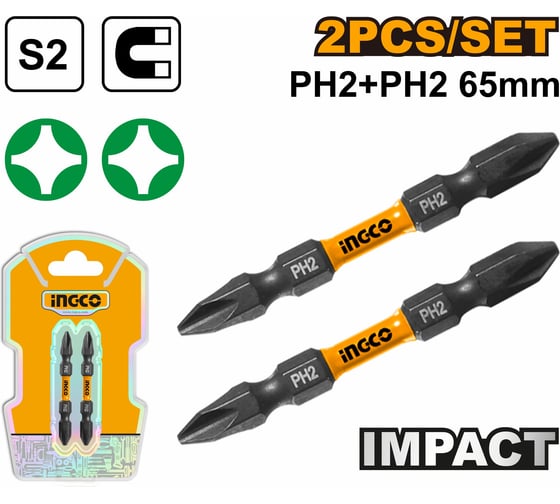 Ударная бита INGCO SUPER INDUSTRIAL PH2хPH2, 65мм, 2шт, S2 SDBIM72PH265