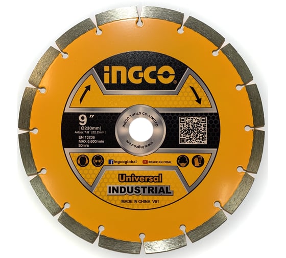 Диск алмазный сегментный INDUSTRIAL (230х10х2.2х22 мм) INGCO DMD012301 1