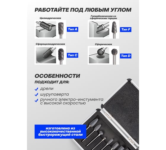 Набор шарошек металлических разнопрофильных по металлу Forsage PROFI 8 предметов (Ø хвостовика 6мм),в аллюм. кейсе F-61709(48472)