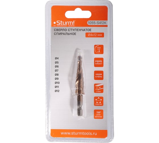 Сверло ступенчатое по металлу Sturm 4-12мм шаг 1мм Р6М5+COBALT, спираль 1055-S412K
