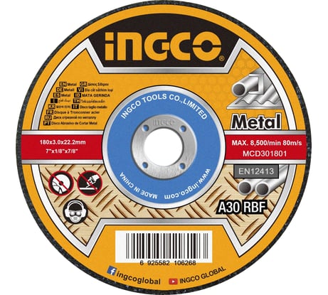 Круг отрезной Metal (180х3.0х22 мм; тип 27; A 30; RBF) INGCO MCD301801