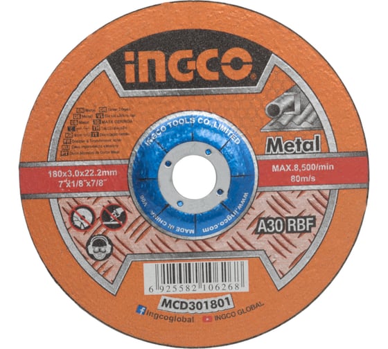 Круг отрезной Metal (180х3.0х22 мм; тип 27; A 30; RBF) INGCO MCD301801