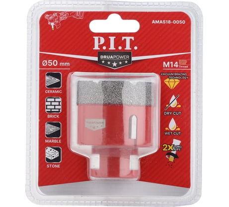 Коронка алмазная по керамограниту P.I.T. (50 мм, M14, сухое сверление, вакуумная пайка) AMAS18-0050