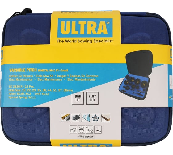 Набор коронок Ultra Bi-metall 19-68мм HSSE-Co8 13 предметов 4-6Tpi SC 3836R