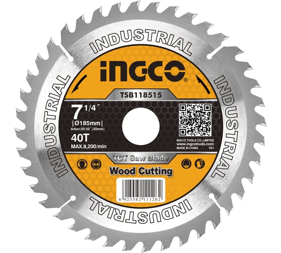 Диск пильный по дереву TCT (185х20 мм; 40Т) INGCO TSB118515
