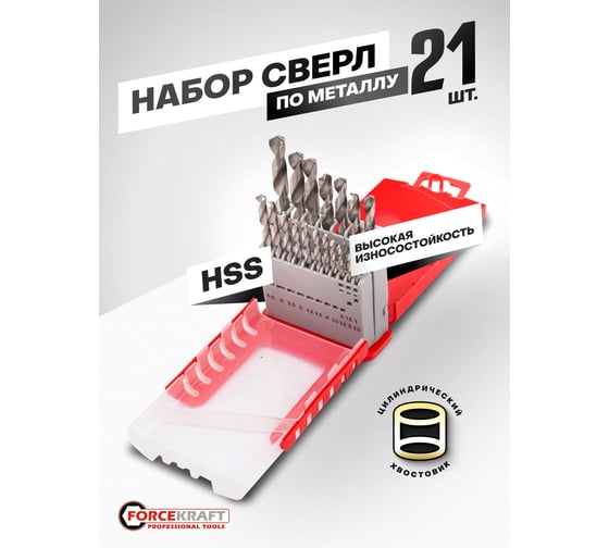 Набор сверл по металлу FORCEKRAFT HSS, 21 предмет FK-924U21S(64487)
