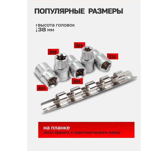 Набор головок Forsage Е-профиль 5 предметов 1/2 (E12,E14,E16,E18,E20), на планке F-4053(6352)