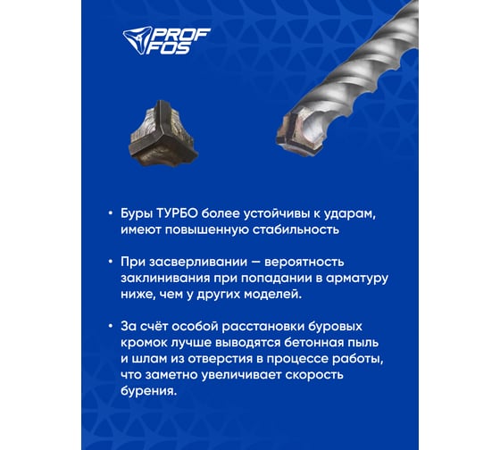 Бур по усил. бетону и арматуре SDS-plus  PROFFOS (12x400x460мм) 3 резца ТУРБО 505536