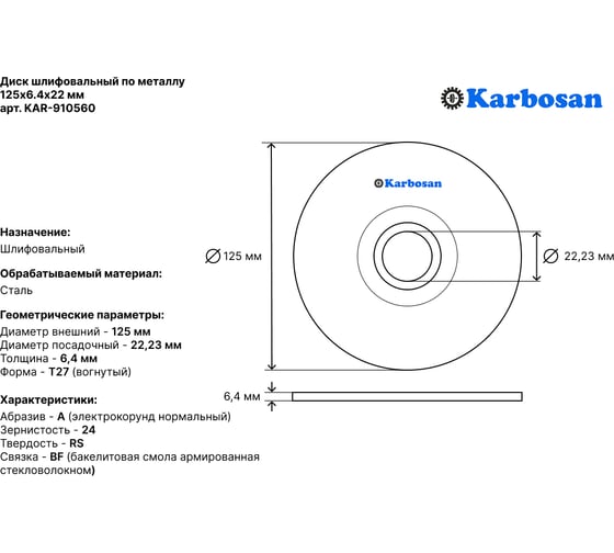 Диск шлифовальный по металлу Karbosan 125x6,4x22 (упаковка 10 шт) KAR-910560-10