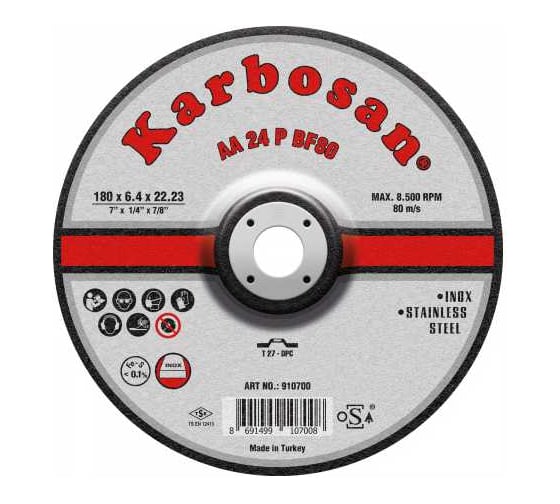 Диск шлифовальный по металлу Karbosan 180x6,4x22 по нержавеющей стали Inox (упаковка 10 шт) KAR-910700-10 1