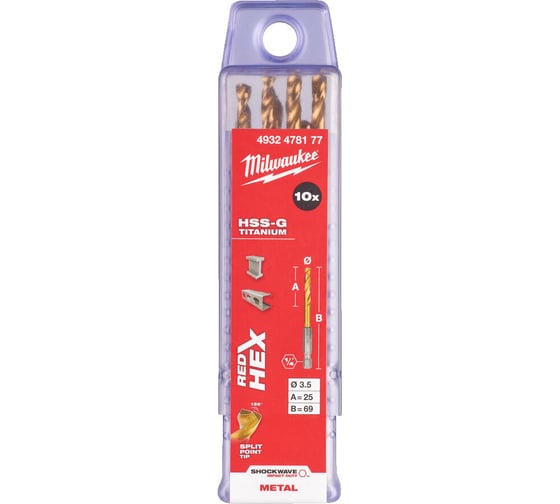 Сверло по металлу RedHEX (10 шт; 3.5 мм; HSS-G TiN) Milwaukee 4932478177 1