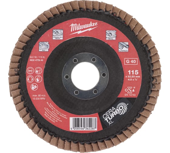 Диск лепестковый SLC50/115G40 CERA TURBO XL (115х22 мм; Р40) Milwaukee 4932478946 1