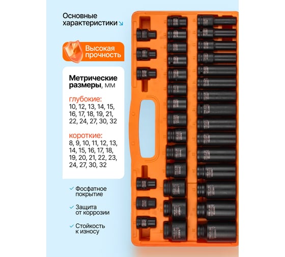 Головки ударные Partner набор 35 предметов, 1/2, 6 граней PA-4353-5MPB(64597)
