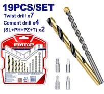 Набор сверл по металлу и бит EMTOP 19шт ECBDB1901