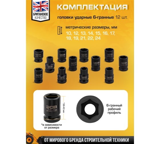 Головки ударные, набор 12 предметов JCB 1/2 (6гр.) JCB-4129-5MPB(61358)