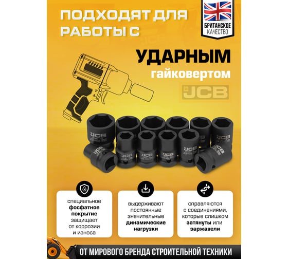 Головки ударные, набор 12 предметов JCB 1/2 (6гр.) JCB-4129-5MPB(61358)