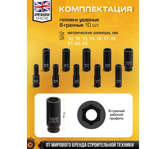 Набор головок ударных глубоких JCB 10 предметов 1/2 JCB-4107-5MPB(61065)