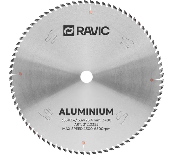 Диск пильный по алюминию, отрицательный угол Ravic 355x3.4/2.8x25.4 мм, Z=80 212.0355