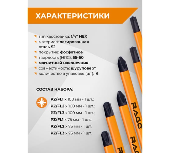 Биты для электриков магнитные RAGE S2 PZ/FL1 PZ/FL2 PZ/FL3 75 мм и 100 мм, 6 шт 554294
