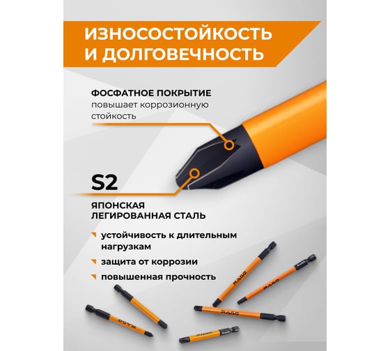 Биты для электриков магнитные RAGE S2 PZ/FL1 PZ/FL2 PZ/FL3 75 мм и 100 мм, 6 шт 554294