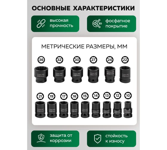 Набор головок ударных глубоких Forsland 16 предметов 1/2DR 12 граней Forsland-4177-5MPB(65466)