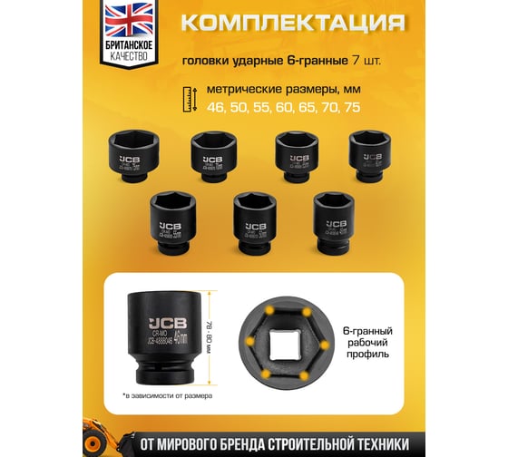 Набор головок ударных JCB 1'' 7 предметов (6 граней) (46,50,55,60,65,70,75мм) JCB-8071-5MPB(64926)