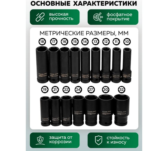 Набор головок ударных глубоких Forsage 16 предметов 1/2 6 граней Forsland-4167-5MPB(65459)