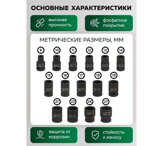 Набор головок ударных Forsland 16 предметов 1/2DR 6 граней Forsland-4179-5MPB(65463)