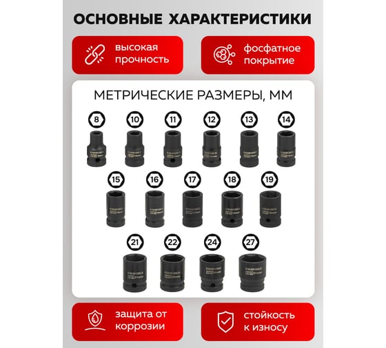 Набор головок ударных EVERFORCE 16 предметов 1/2DR 6 граней EF-4179-5MPB(65462)